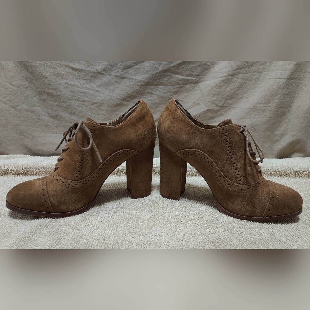 Brown Suede Lace-Up Heeled Oxford Shoes